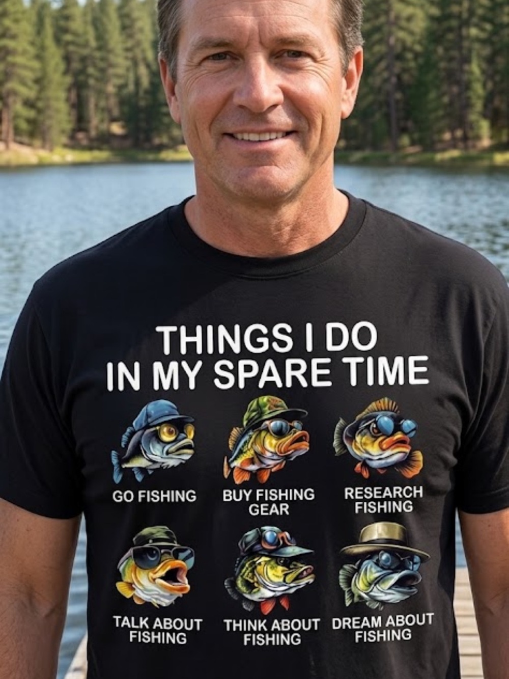 Gildan Black Fishing Graphic Tee with Colorful Fish Illustrations